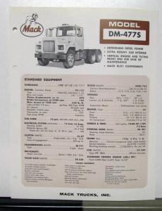 1967 Mack Truck Model DM 477S Specification Sheet