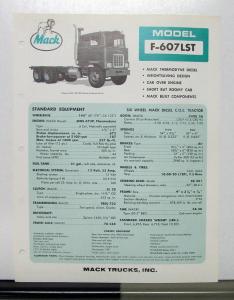 1967 Mack Truck Model F 607LST Specification Sheet