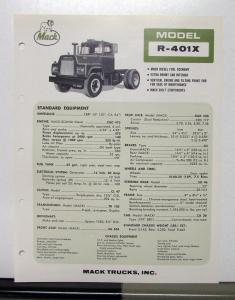 1967 Mack Truck Model R 401X Specification Sheet