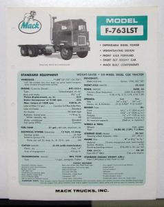 1967 Mack Truck Model F 763LST Specification Sheet