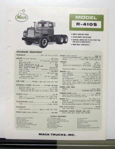 1967 Mack Truck Model R 410S Specification Sheet