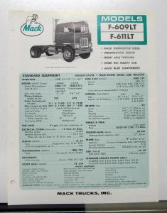 1967 Mack Truck Model F 609LT 611LT Specification Sheet