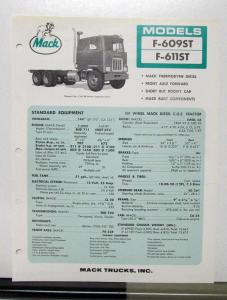 1967 Mack Truck Model F 609ST 611ST Specification Sheet