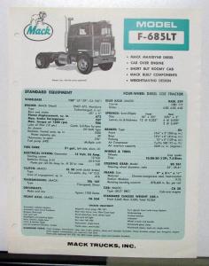 1967 Mack Truck Model F 685LT Specification Sheet