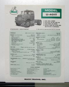 1967 Mack Truck Model U 401T Specification Sheet