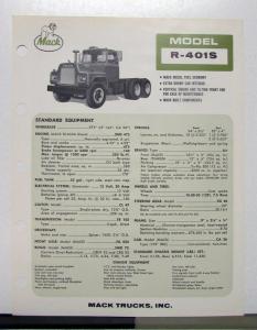 1967 Mack Truck Model R 401S Specification Sheet