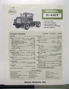 1967 Mack Truck Model R 401T Specification Sheet