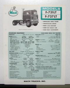 1967 Mack Truck Model F 731LT 737LT Specification Sheet