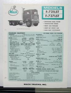 1967 Mack Truck Model F 731LST 737LST Specification Sheet