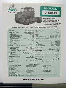 1967 Mack Truck Model U 685LT Specification Sheet
