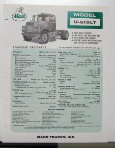 1967 Mack Truck Model U 615LT Specification Sheet