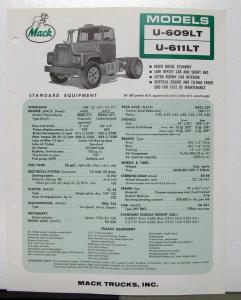 1967 Mack Truck Model U 609LT 611LT Specification Sheet