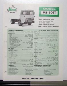 1965 Mack Truck Model MB 605T Specification Sheet