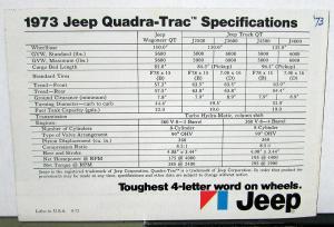 1973 Jeep Quadra Trac System 4WD Original Sales Brochure Wagoneer Truck