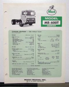 1969 Mack Truck Model MB 600T Specification Sheet