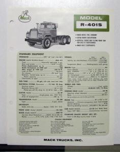 1969 Mack Truck Model R 401S Specification Sheet
