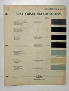 1952 Kaiser Frazer Dupont Paint Chips Bulletin No 6 Sheets 3 Pages Original