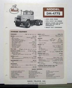 1969 Mack Truck Model DM 477S Specification Sheet
