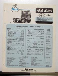 1969 Mack Truck Model FL700L FS700L Specification Sheet