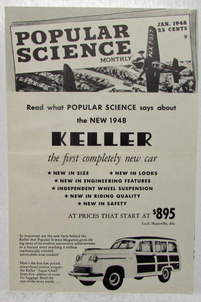 1948 Keller Super Chief & Chief Auto Car Popular Science Reprint Folder Mailer