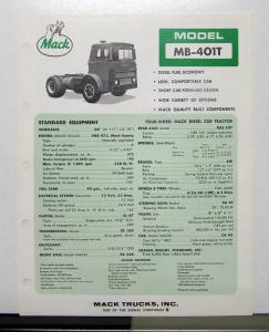 1970 Mack Truck Model MB 401T Specification Sheet