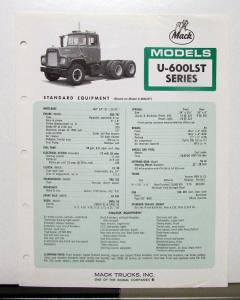 1970 Mack Truck Model U 600LST Specification Sheet