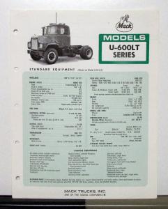 1970 Mack Truck Model U 600LT Specification Sheet