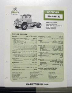 1970 Mack Truck Model R 401X Specification Sheet