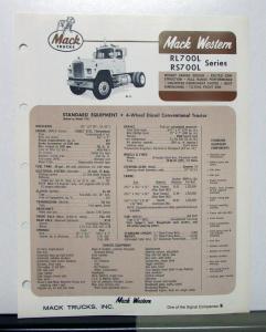 1970 Mack Western Truck Model RL700L RS700L Specification Sheet