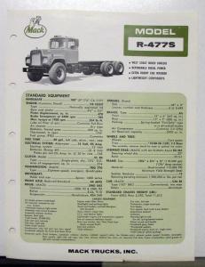 1970 Mack Truck Model R 477S Specification Sheet