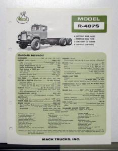 1970 Mack Truck Model R 487S Specification Sheet