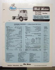 1970 Mack Western Truck Model FL700L FS700L Specification Sheet
