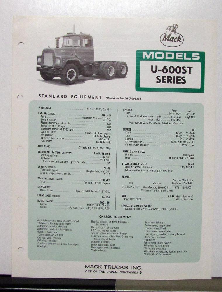 1970 Mack Truck Model U 600ST Specification Sheet