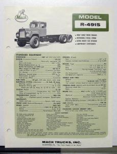 1970 Mack Truck Model R 491S Specification Sheet