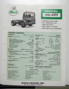1970 1971 Mack Truck Model MB 491T Specification Sheet