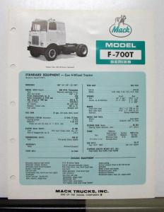 1972 Mack Truck Model F 700T Specification Sheet