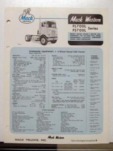 1972 Mack Western Truck Model FL700L FS700L Specification Sheet