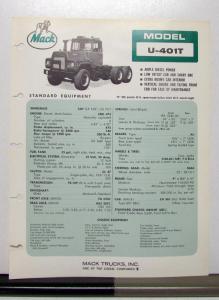 1972 Mack Truck Model U 401T Specification Sheet