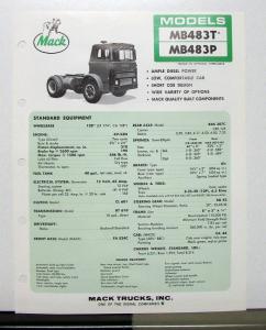 1972 Mack Truck Model MB483T MB483P Specification Sheet