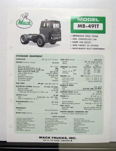 1972 Mack Truck Model MB 491T Specification Sheet