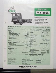 1972 Mack Truck Model MB 483S Specification Sheet