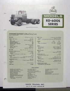 1972 Mack Truck Model RD 600S Specification Sheet