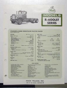 1972 Mack Truck Model R 600LST Specification Sheet