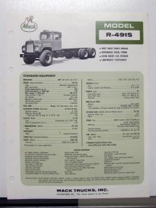 1972 Mack Truck Model R 491S Specification Sheet
