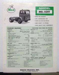 1972 Mack Truck Model MB 401T Specification Sheet