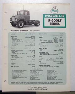 1972 Mack Truck Model U 600LT Specification Sheet