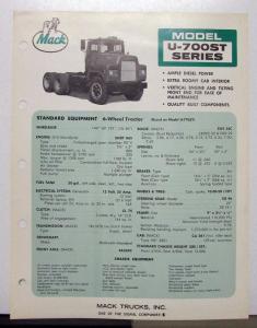 1972 Mack Truck Model U 700ST Specification Sheet