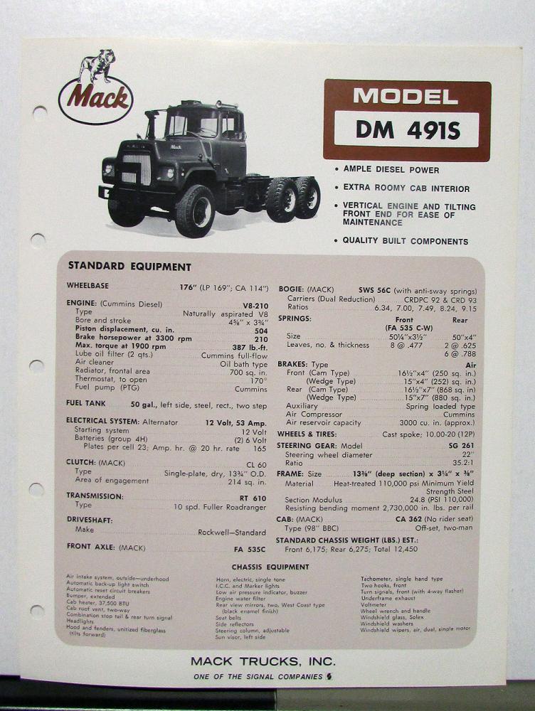 1972 Mack Truck Model DM 491S Specification Sheet