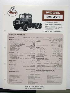 1972 Mack Truck Model DM 491S Specification Sheet