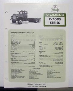 1972 Mack Truck Model R 700S Specification Sheet